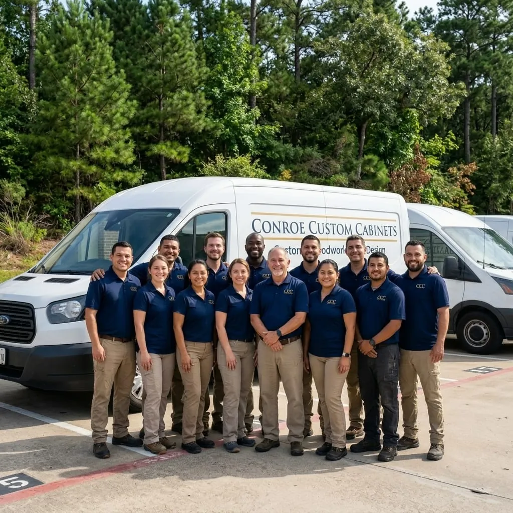 Conroe Custom Cabinets Team Standing in Front of Company Work Vans